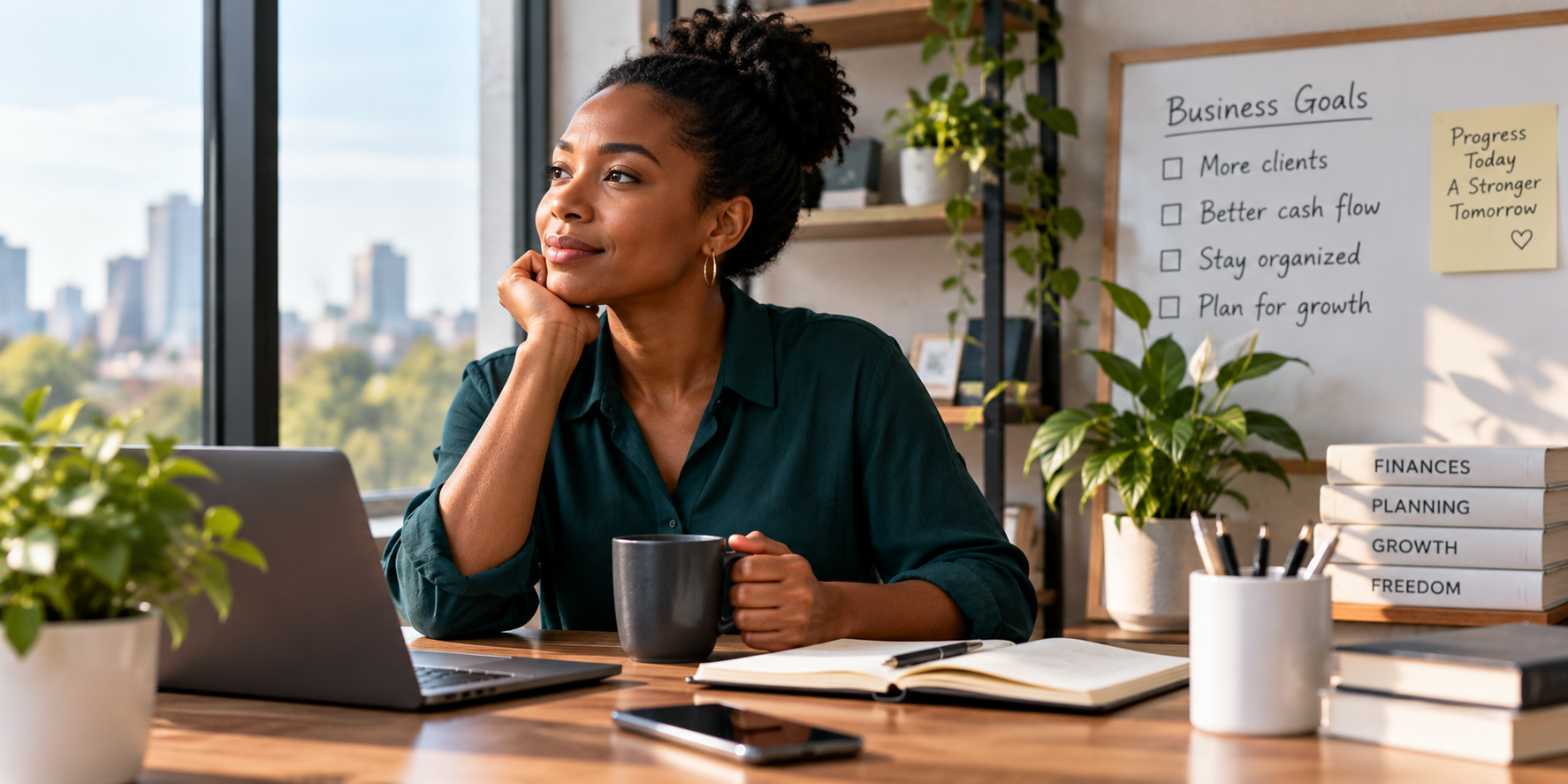 Small business owner reviewing her finances and planning for future business growth