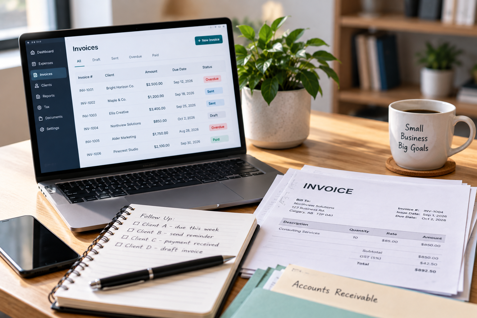 Small business invoicing workspace showing outstanding, paid and overdue invoices