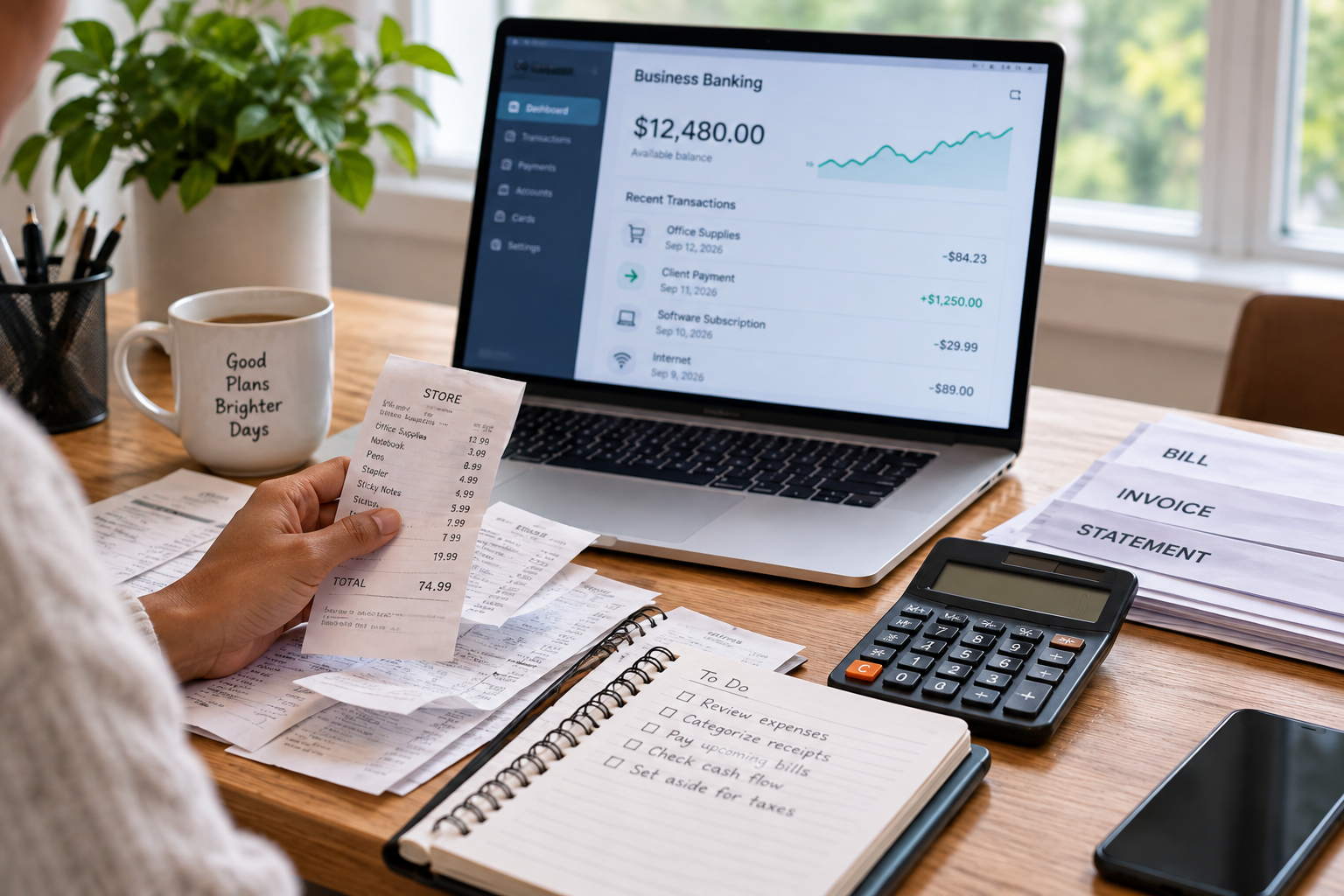 Small business owner reviewing receipts and expenses beside a business banking dashboard